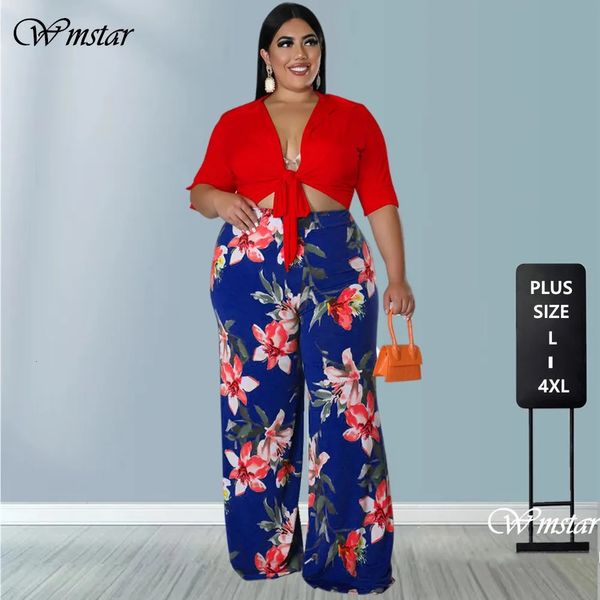 Wmstar Plus Größe 2 Stück Outfit Sommer Feste Bandage Crop Top Druck Breite Bein Hosen Passenden Set Großhandel Drop 240111