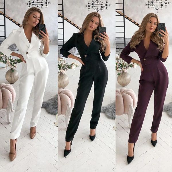 Frauen Zweiteilige Hosen Weiß Elegante Strampler Und Overalls 2024 Herbst Frauen Langarm Kerb Taste Büro Dame Arbeit Overalls