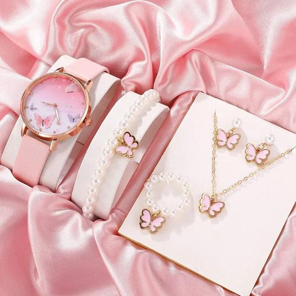 Наручные часы, комплект из 6 предметов, женские модные кварцевые часы, женские часы с розовым циферблатом в виде бабочки, дизайн, женские кожаные наручные часы Montre Femme