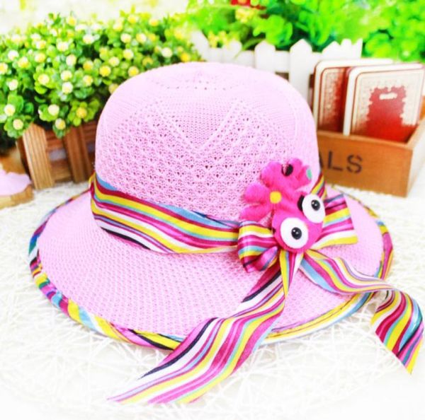 Crianças chapéus fita colorida listra bowknot crianças chapéu de palha polvo vara agir o papel de infantil chapéu de sol verão criança praia cap3174740