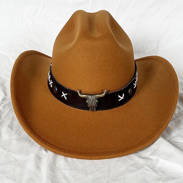 Cappello da cowboy con etichetta di mucca 3D con bordo arricciato Cappello da cowboy di moda grande da cowboy Cappello di feltro tibetano etnico Fedora Sombrero Hombre 240111