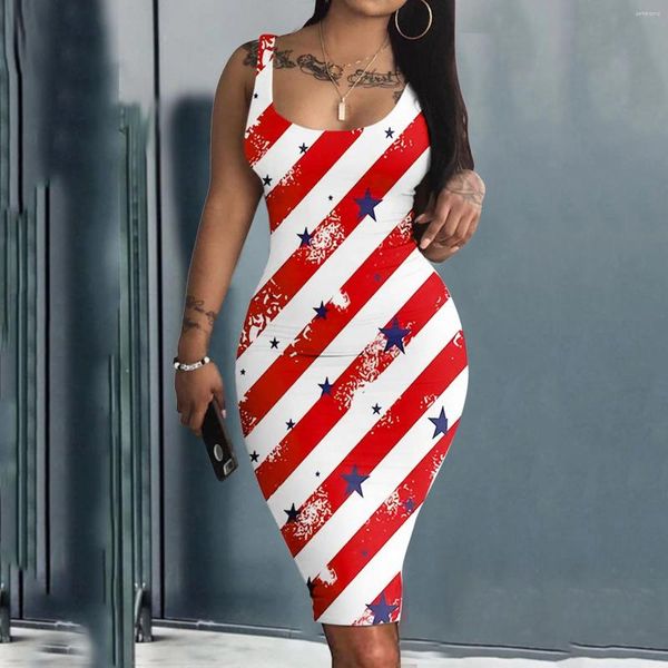 Vestidos casuais mulheres impressão vestido colete bandeira americana mini senhoras clubwear sem mangas sexy mulheres