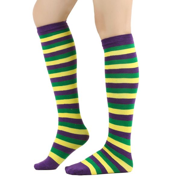 Meias femininas carnaval bezerro meias com roxo verde e listras amarelas meias tubo médio para pai-filho meias na altura do joelho