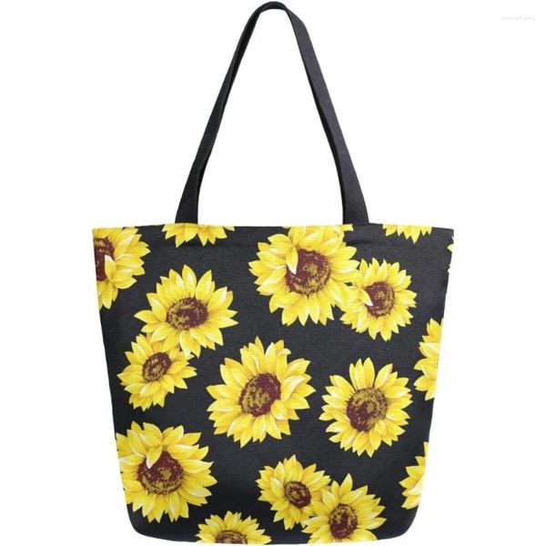 Sacos de compras Sunflower Canvas Tote Saco de Supermercado Ombro Casual Livro Grande para Mulheres Bolsa Bolsa Reutilizável Multiuso Uso