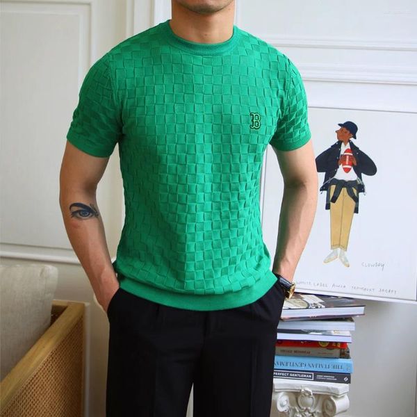 Camiseta masculina moda em torno do pescoço bordado manga curta camiseta 2024 verão xadrez de malha magro camisetas streetwear homme 4xl-m