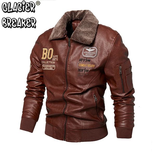 Lederjacke Männer Winter Fleece Original Moto Biker Stickerei Abnehmbarer Pelzkragen Windjacke Ropa De Hombre Schlanker Mantel 240112