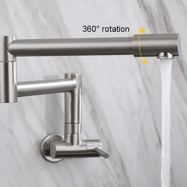 Torneiras de pia do banheiro 304 aço inoxidável única torneira de água de resfriamento montada na parede 360 ° girando cozinha dobrável escovada