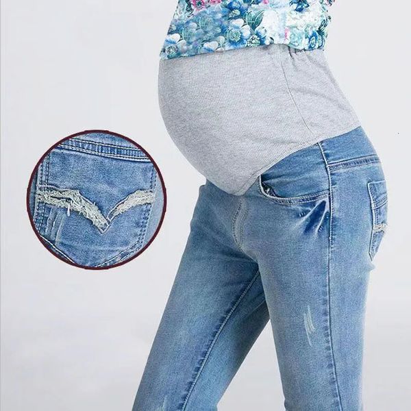 Denim Jeans Mutterschaft Hosen Für Schwangere Frauen Kleidung Vintage Bauch Bleistift Hohe Taille Hose Schwangerschaft 240111