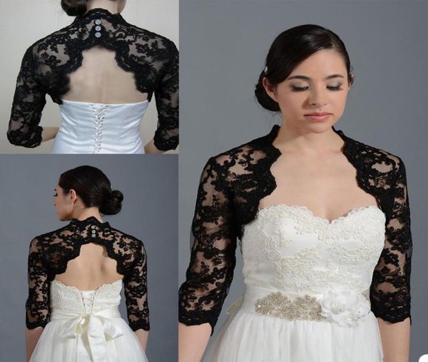 Giacche da sposa vintage Bolero nero Top da sposa Applicazioni in pizzo Manica lunga Bottone su misura sul retro Accessori da sposa taglie forti4701117