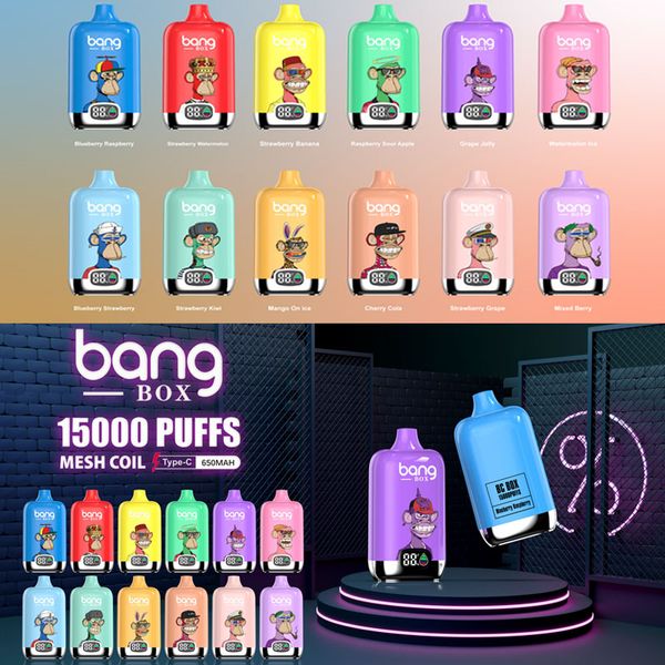 Original Bang Box 15000 Puff Einweg-Vapes Pen Puff 15K Digitalanzeige Einweg-Typ-C-Ladegerät Vape 650 mAh Akku 23 ml vorgefüllte Pods Carts 12000 Puff