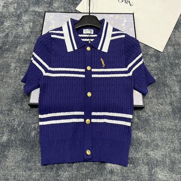 Designer mulheres polo camisas moda elegante azul emenda listras primavera verão lapela botão de malha cardigan top