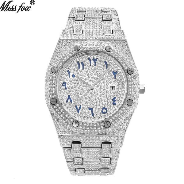 MISSFOX Marca Hip Hop High End Full Diamond Calendário Impermeável Relógio Masculino