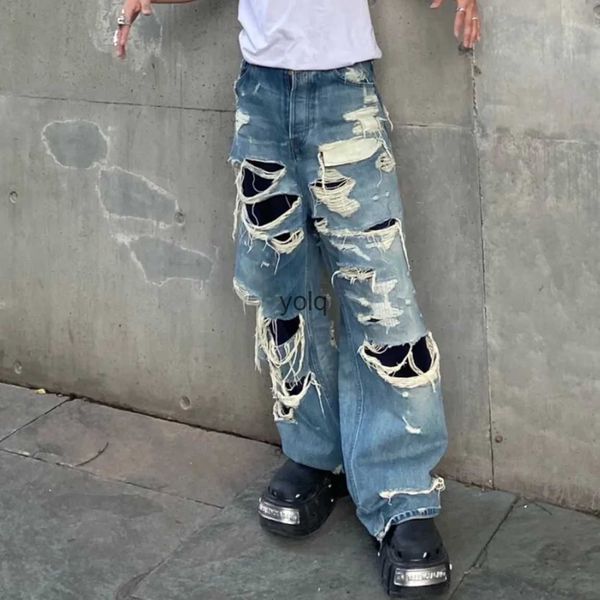 Jeans da uomo Vintage Cat Beard Knife Cut Hole Jeans dritti strappati Casual Baggy Washed Strappato Jean Distressed Gamba larga Mendicante Pantaloni denim Maleyolq