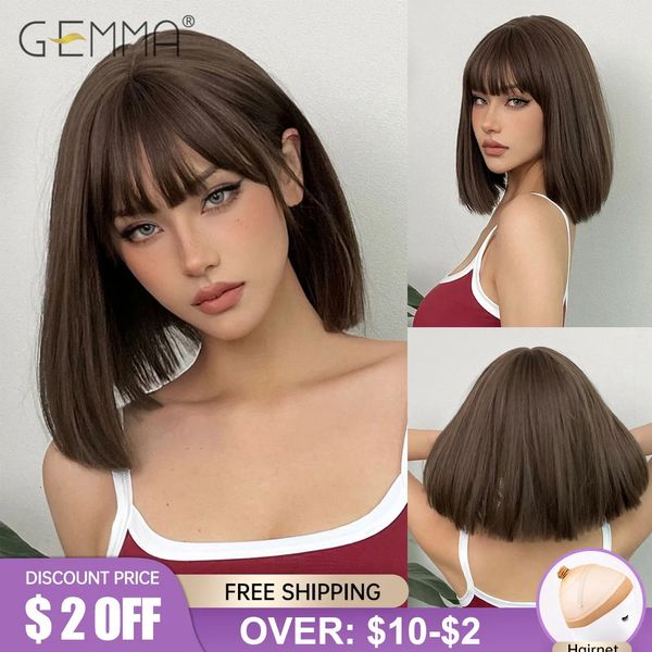 GEMMA Dark Brown Bob Peruca de cabelo natural sintético com franja fofa para mulheres perucas curtas retas resistentes ao calor peruca cosplay diária 240111