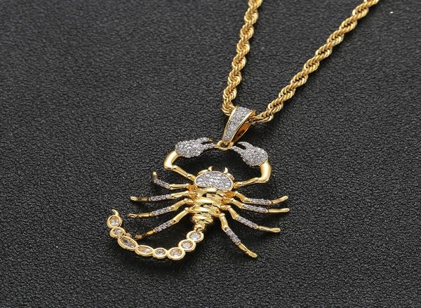 Pendentif Scorpion Animal pour hommes, avec chaîne en corde, couleur or argent, collier en Zircon cubique scintillant, bijoux pour cadeau 8117306