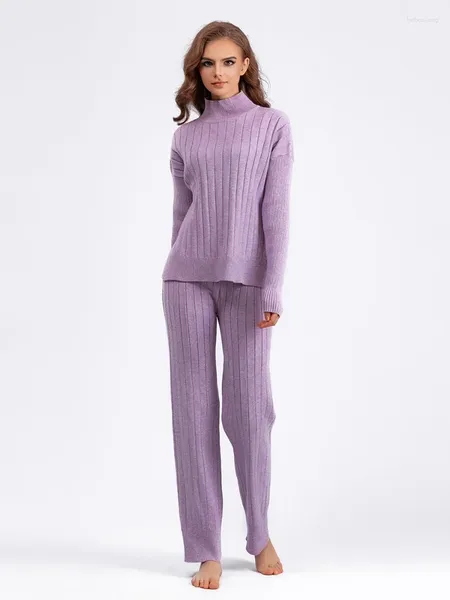Frauen Zwei Stück Hosen Elegante Set Herbst Winter Frauen Koreanische Pit Streifen Pullover Pullover Tops Solide Strick Breite Bein