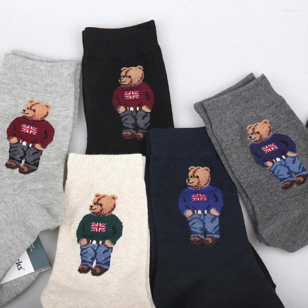 Herrensocken, 1 Paar, Cartoon-Gentleman-Bär, Baumwolle, Harajuku, Skateboard, Neuheit, atmungsaktiv, große Größe