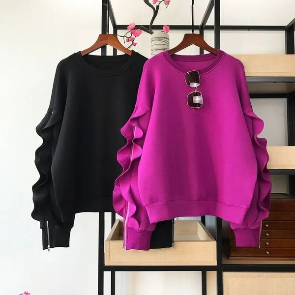 Plus size S-3XL moletom feminino moda casual primavera outono doce plissado oversized fino solto pullovers hoodies 240112