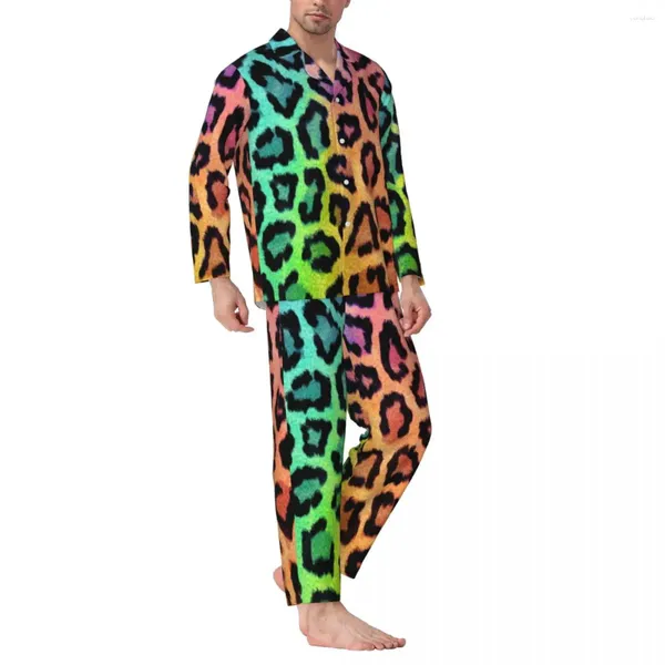 Erkekler pijama gökkuşağı leopar baskı pijama setler hayvan derisi sanat güzel erkekler uzun kollular vintage günlük 2 adet gece kıyafeti büyük boyut