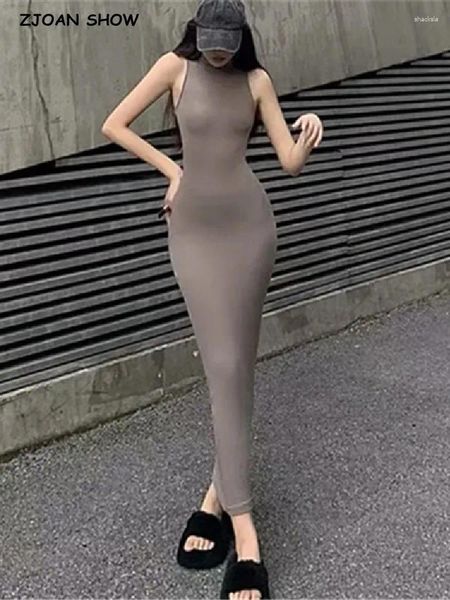 Sıradan Elbiseler 2024 Seksi Yüksek Yakalı Örme Pamuklu Midi Buzağı Tank Elbise Kadınlar Kolsuz Streç Temel Bodycon Paket Kalçası Robe Vestido