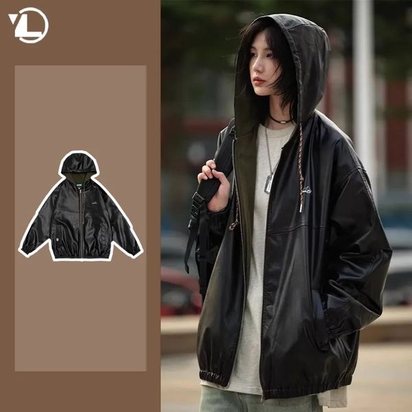 Harajuku Mit Kapuze Männer Pu Leder Jacke Herbst Vintage Motorrad Schwarz Mantel Männlichen Hip Hop Zipper Oberbekleidung Unisex Streetwear 240112