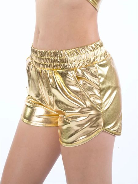 Yrrety moda feminina cintura alta shorts brilhante metálico perna ouro prata moda night club dança wear sexy shorts treino festa 240112
