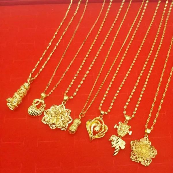 Ciondoli placcati in vero oro 18 carati Collana da donna in puro rame 24 carati placcato in vero oro con pendente a forma di fiore Vietnam Placer Gioielli in oro da donna