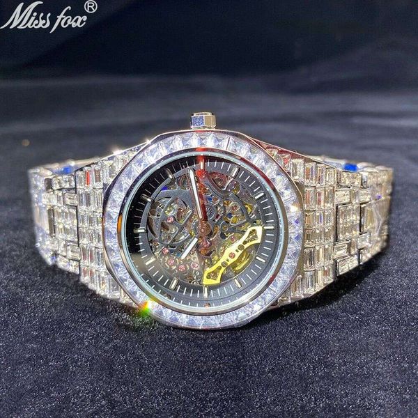 Orologio da uomo meccanico cavo MISSFOX Hip Hop di fascia alta con diamanti pieni di bagliore notturno