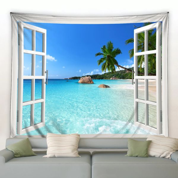 Okyanus manzara goblen deniz palmiye ağacı güneş ışığı plaj mavi gökyüzü halılar duvar asılı hippi bohem sayfası yoga kanepe battaniye 240111