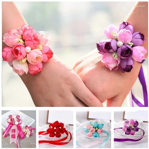 Flores decorativas 1 peça pulso de casamento rosa corpetes festa dança mão flor pulseira de seda para acessórios