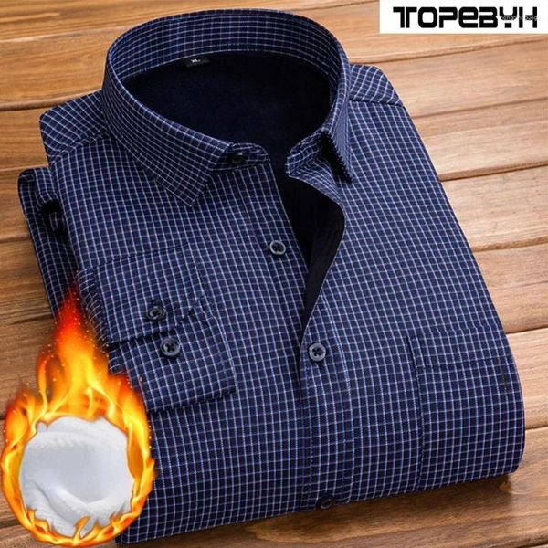 Camisas casuais masculinas manga comprida xadrez flanela forrada de lã grossa vestido quente