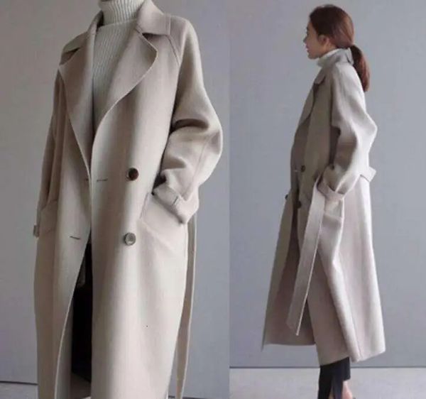 Trench coat de inverno feminino elegante e moderno casual casaco de lã grossa bege renda longa jaqueta preta casaco feminino 240112