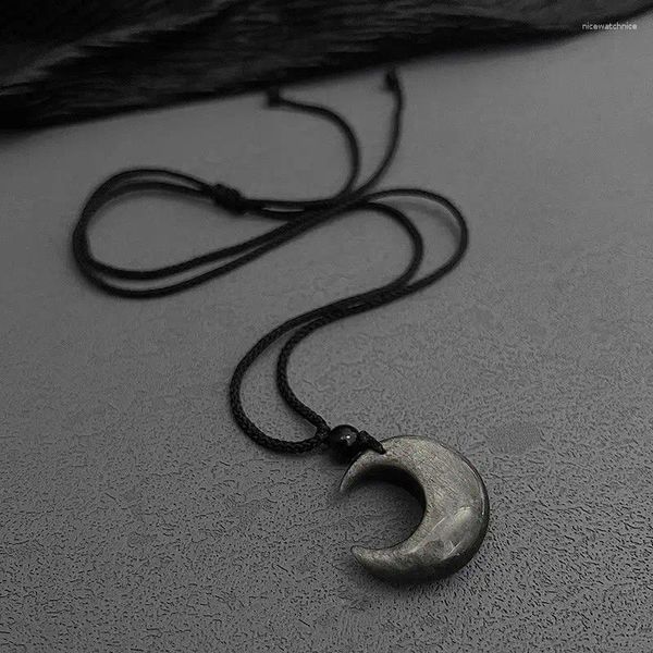 Anhänger Halsketten Lucky Crescent Moon Kristall Halskette Naturstein Handgefertigter schwarzer Obsidian Opal Seilwickel verstellbar