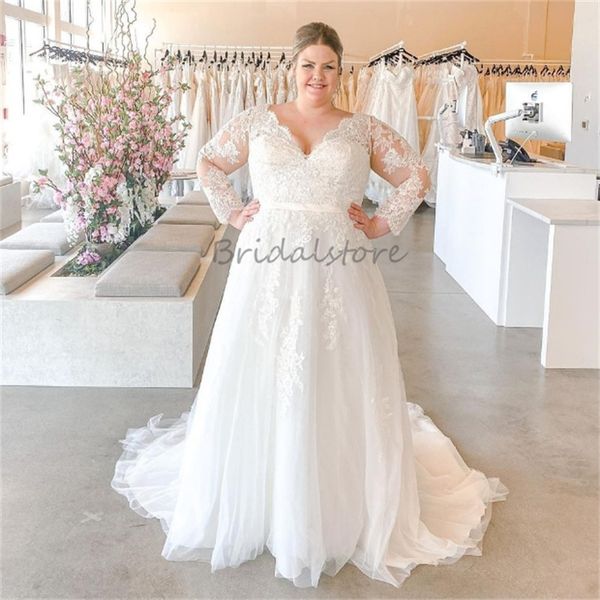 Plus Size Elegantes Hochzeitskleid Sexy V-Ausschnitt Bohemian Langarm Spitze Brautkleider 2024 Rückenfreier Tüll Landkirche Vestios De Novia Frauen Boho Robe De Mariee Chic