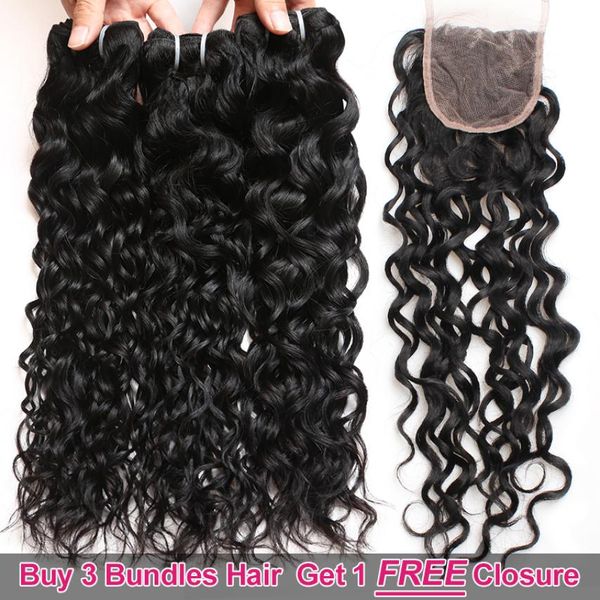 Акция Ishow Big s. Купить 3 пучка с закрытием, бразильские перуанские человеческие волосы с волнами воды для женщин и девочек All2855812
