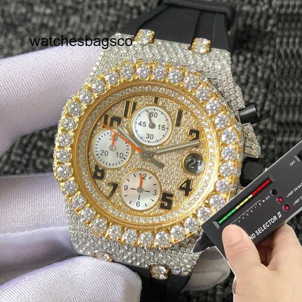 Orologio di lusso con diamanti di design Royal Moissanite, quadrante in argento misto oro, cassa con diamanti PASS TEST, movimento meccanico automatico di alta qualità, completo