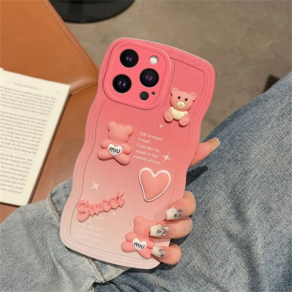 Bonito coreano dos desenhos animados 3d urso caso para iphone 15 14 13 12 11 pro max 14 plus luxo gradiente capa de silicone macio