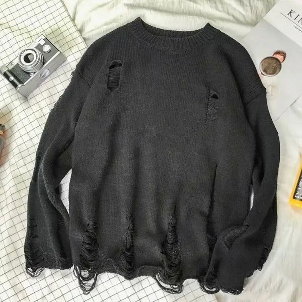 Masculino feminino streetwear hip hop pullovers jumper moda oversized all-match masculino primavera lavagem buraco rasgado malha suéteres 240111