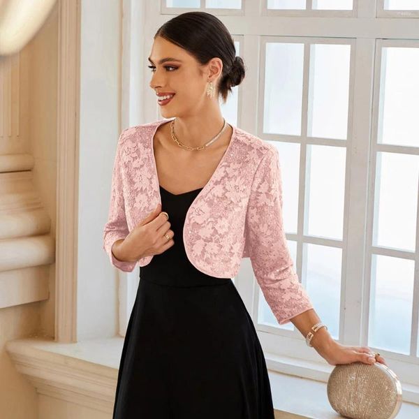 Damenjacken, glitzernde Pailletten-Weste, Bolero, 3/4-Ärmel, vorne offen, verkürzter Achselzucken, V-Ausschnitt, schmale Passform, elegante Damen-Kurzjacke