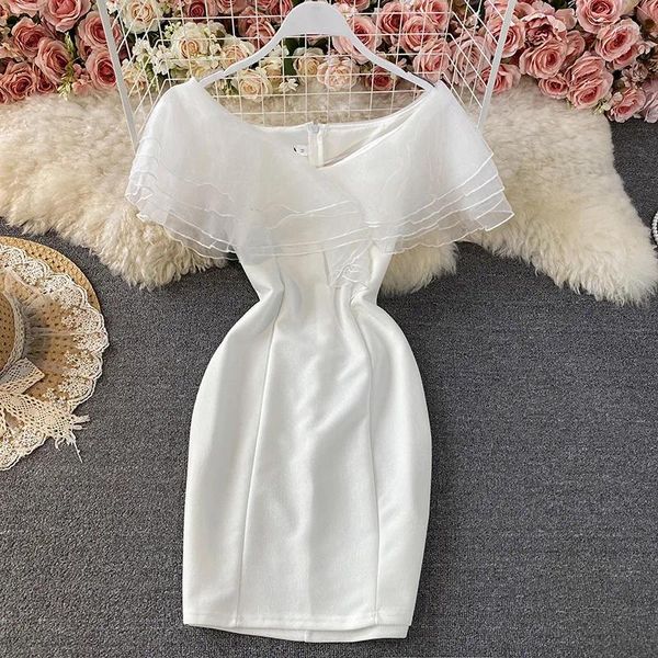 Lässige Kleider 2024 Sommerkleid Mode Damen Layered Organza Nähte V-Ausschnitt Slim A-Linie Frau Weiß