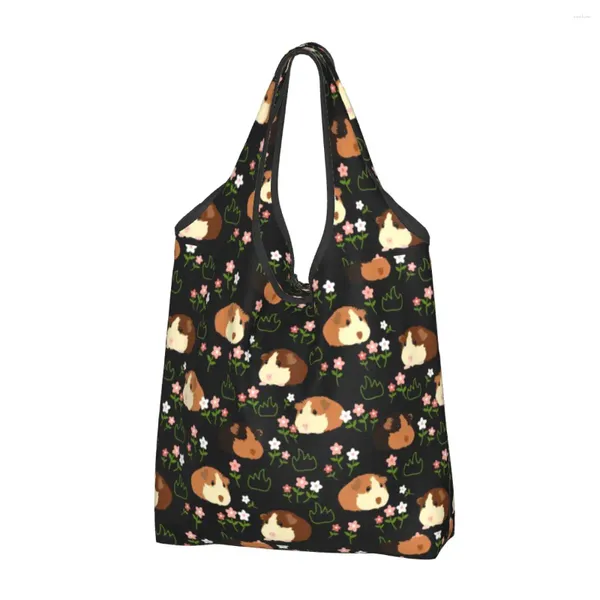 Sacos de compras Personalizado Cobaia e Flores Mulheres Portátil Grande Capacidade Mercearia Animal Shopper Tote