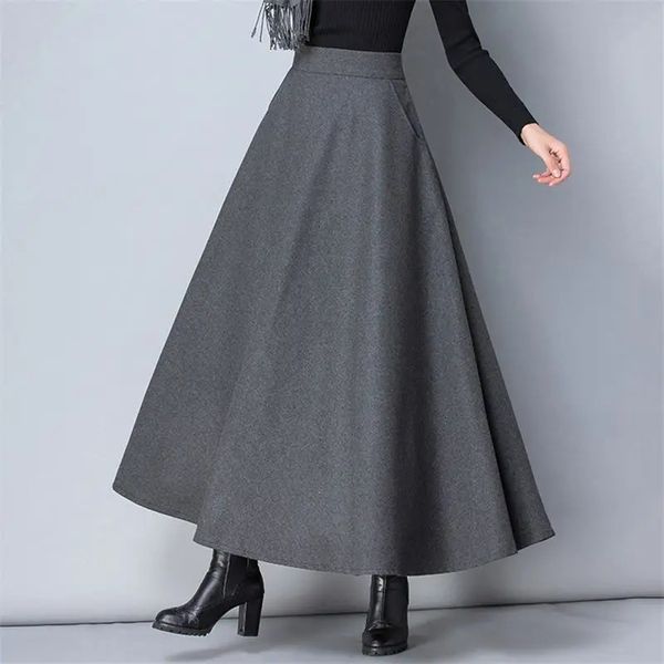 Gonna lunga di lana da donna invernale Moda vita alta Gonne di lana di base Donna Casual spessa calda elastica ALine Maxi O839 240112