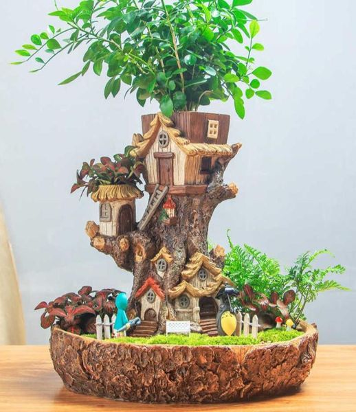 Moderno pote de jardim de fadas em miniatura coto resina vaso de flores dos desenhos animados treehouse escultura suculenta plantador varanda planta vaso de flores y205334560