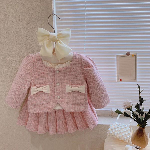 Set di abbigliamento Abiti da boutique per ragazze 2024 Set di vestiti primaverili Abito vintage 1-6 anni Principessa per bambini Capretto 2 pezzi Gonna cappotto Dolce Tweed