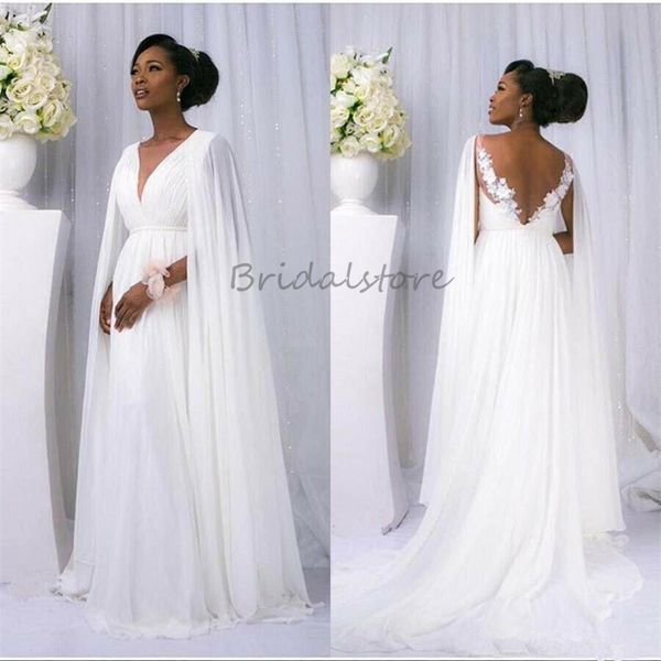 Abito da sposa premaman in chiffon fluido da spiaggia con maniche a mantella Elegante abito da sposa bohemien paese sudafricano della Nigeria Abito da sposa incinta in pizzo senza schienale sexy