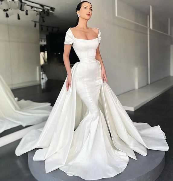 2024 Abiti da sposa semplici a sirena Maniche ad aletta senza spalline Abiti da sposa taglie forti Abiti da sposa Sweep Train Gonne oversize in raso Treno staccabile