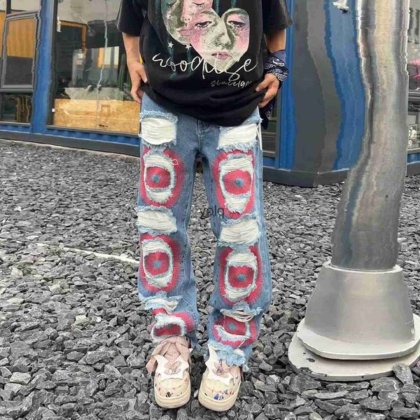 Jeans da uomo Y2k Streetwear Jeans larghi strappati ricamati per uomo Lavato Droyed Strappato Jean svasato Nappe maschili Jeans Hip Hop Pantaloni Baggyyolq