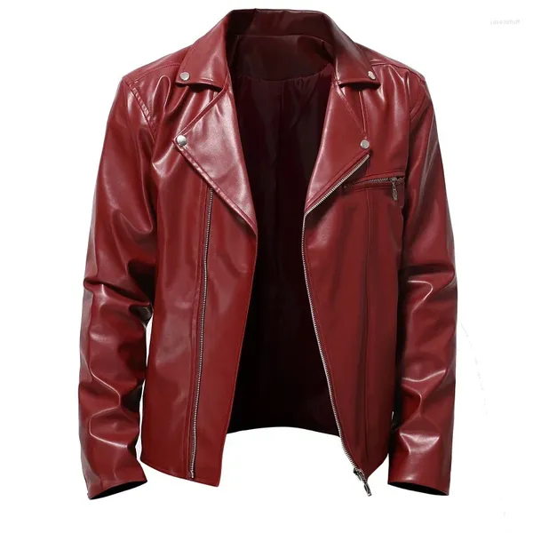 Мужские куртки 2024, осень/зима, простая мужская кожаная куртка с красными лацканами, корейский тонкий, большие размеры, хип-хоп, мотоцикл