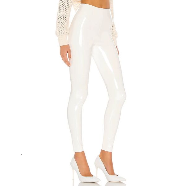 Mulheres Brilhantes PU Couro Branco Calças PVC Slim 4XL Sexy Leggings Látex Elástico Cintura Alta Bodycon Calças Verão Calças Skinny 240111