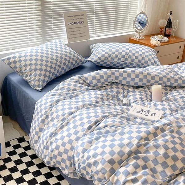 Azul xadrez nórdico capa de edredão 220x240 fronha folha cama 3pcs4pcs conjuntos cama xadrez roupas 200x230 colcha 240112